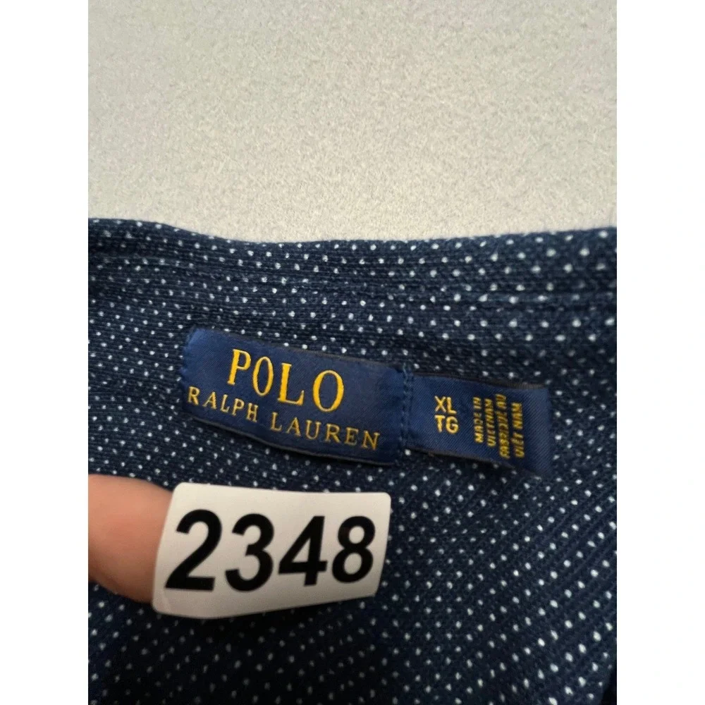 Rare Polo Ralph Lauren Mens XL Navy Blue Polka Dot Cotton Knit Button Down Shirt